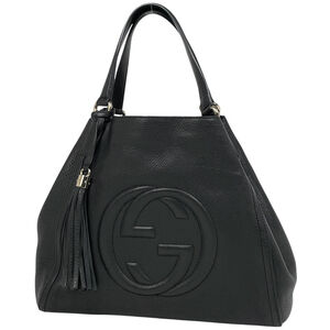 Gucci Soho Fringe Tote Bag with Interlocking G Design, Black Leather, 282309,...